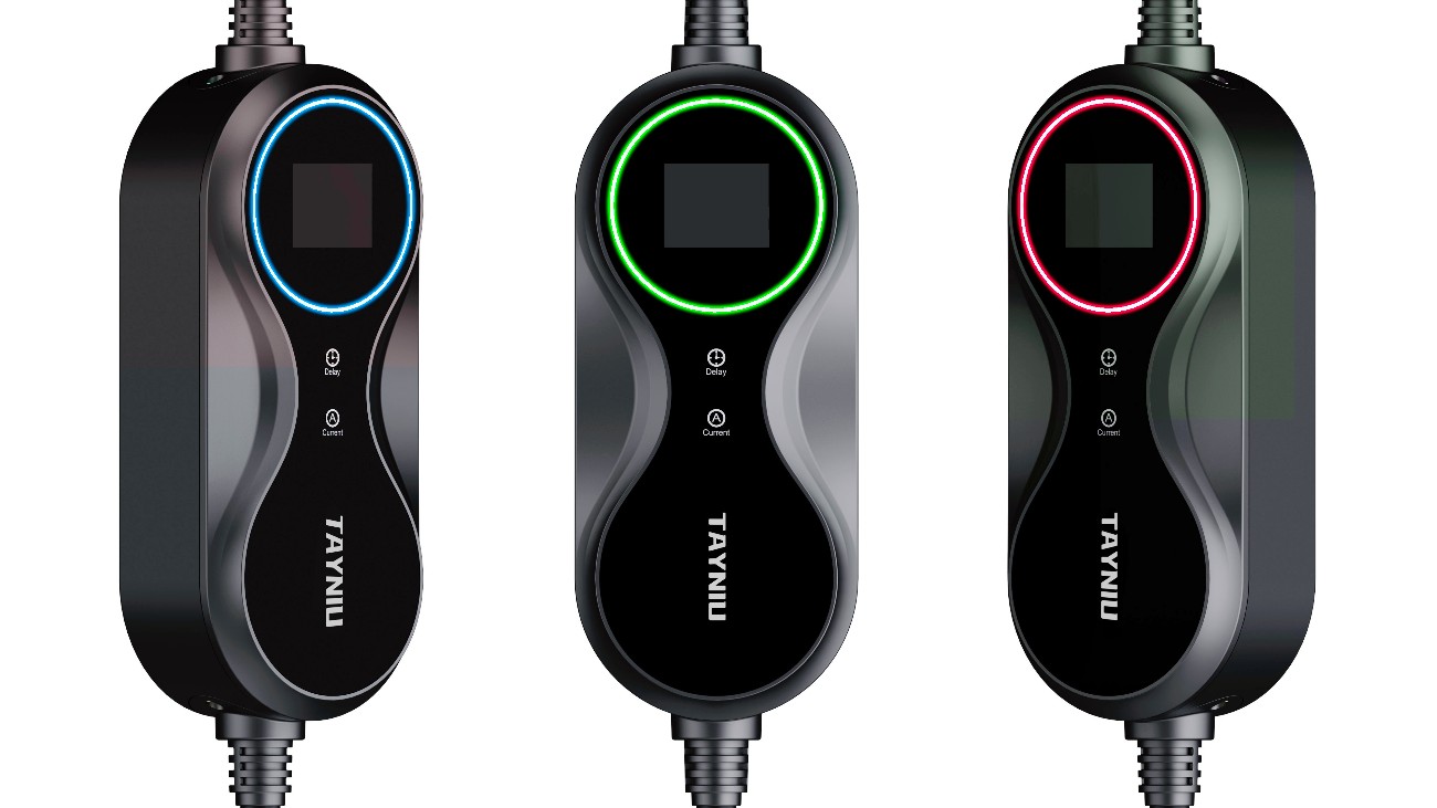 Tayniu portable EV charger showing three different indicator light colors: blue (standby mode), green (charging active), and red (error detected).