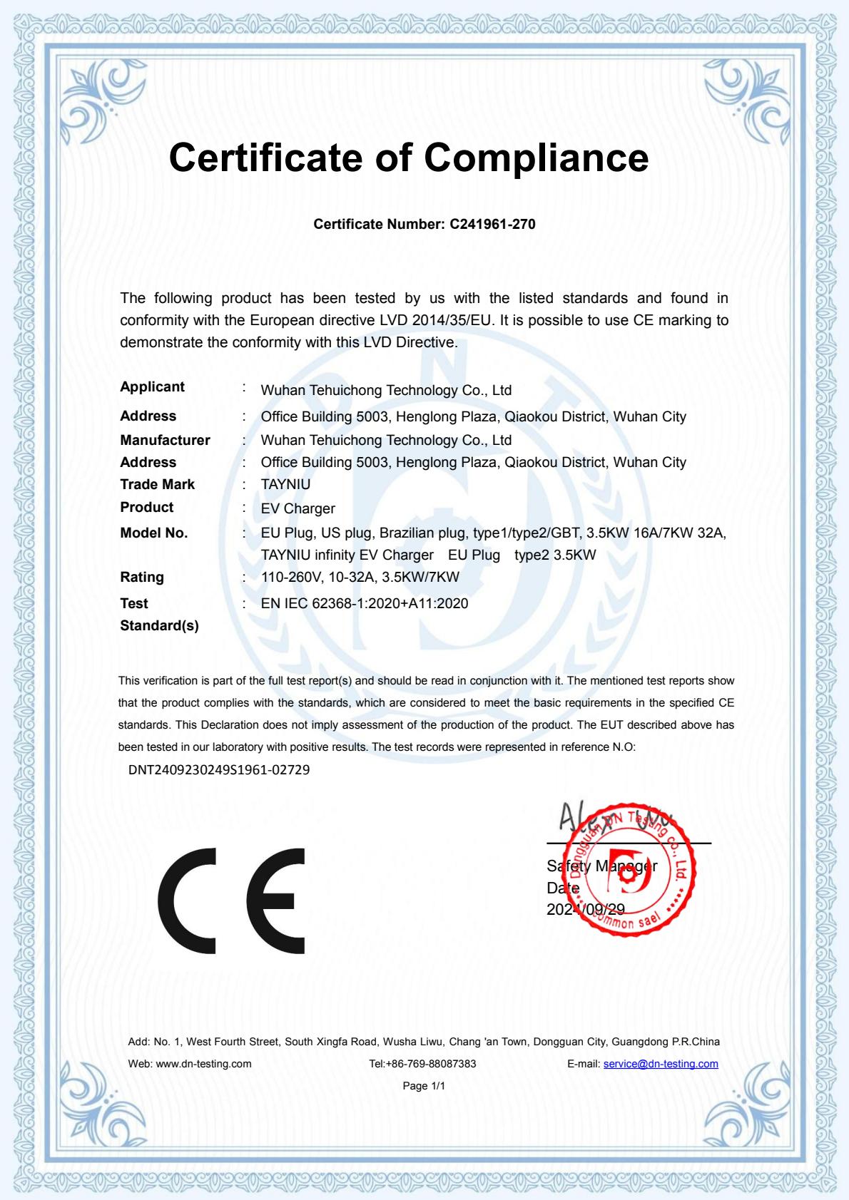 Certificação CE para o carregador Tayniu EV, demonstrando conformidade com os padrões de segurança LVD 2014/35/EU.