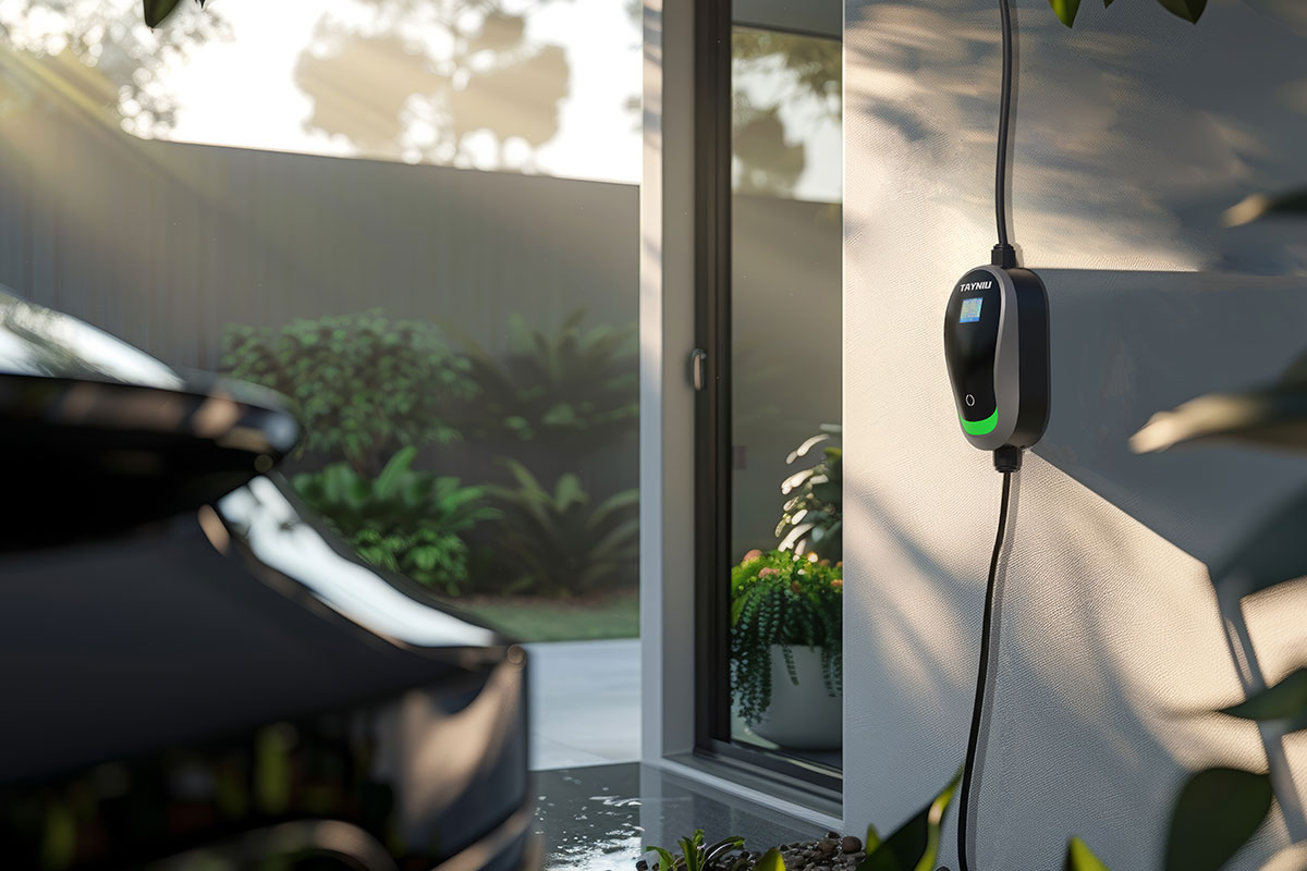 Portable Electric Vehicle Charger mounted on a wall outdoors, showcasing its sleek design and weather-resistant features, perfect for EV charging at home.