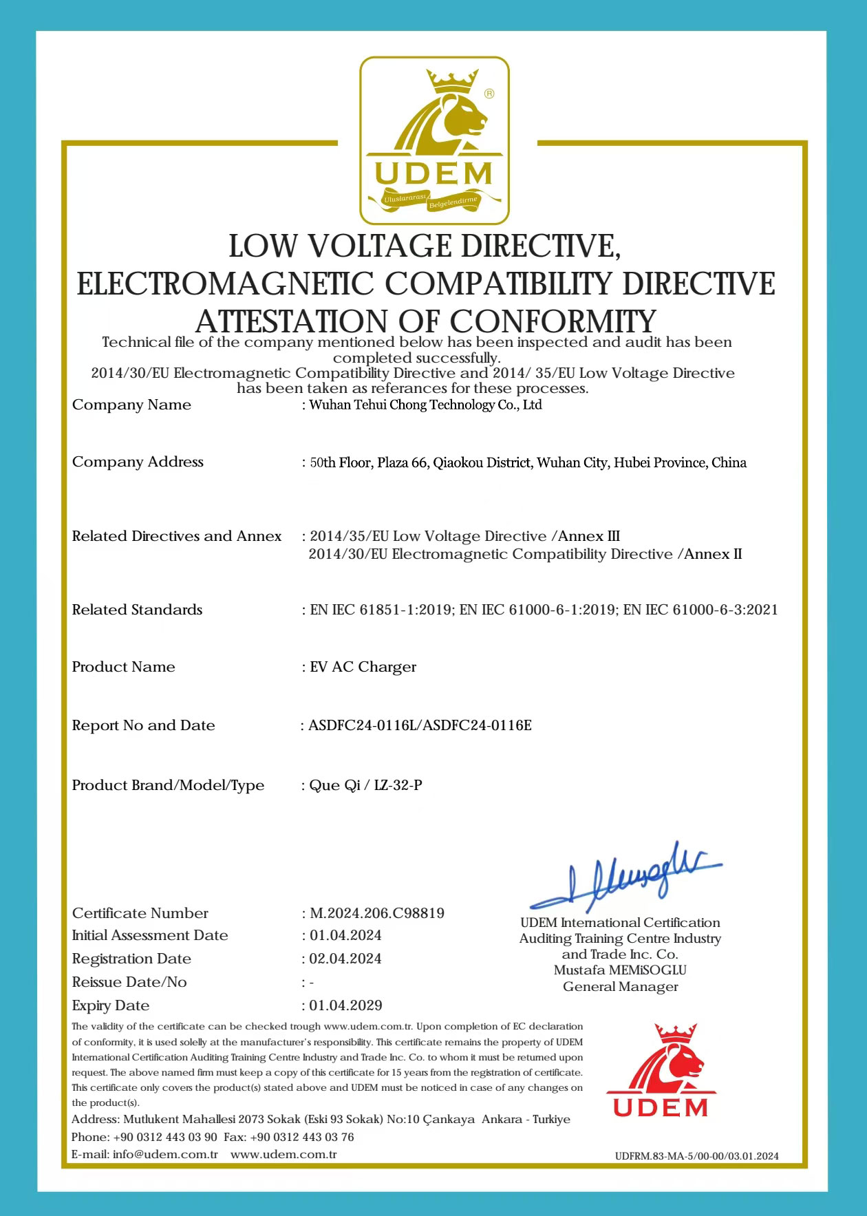 Certificação UDEM para o carregador Tayniu EV, demonstrando conformidade com as diretrizes de baixa tensão e compatibilidade eletromagnética.