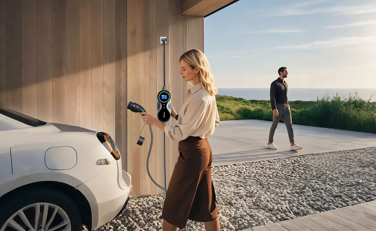 A beautiful woman is charging a car at J1772 Charging Station