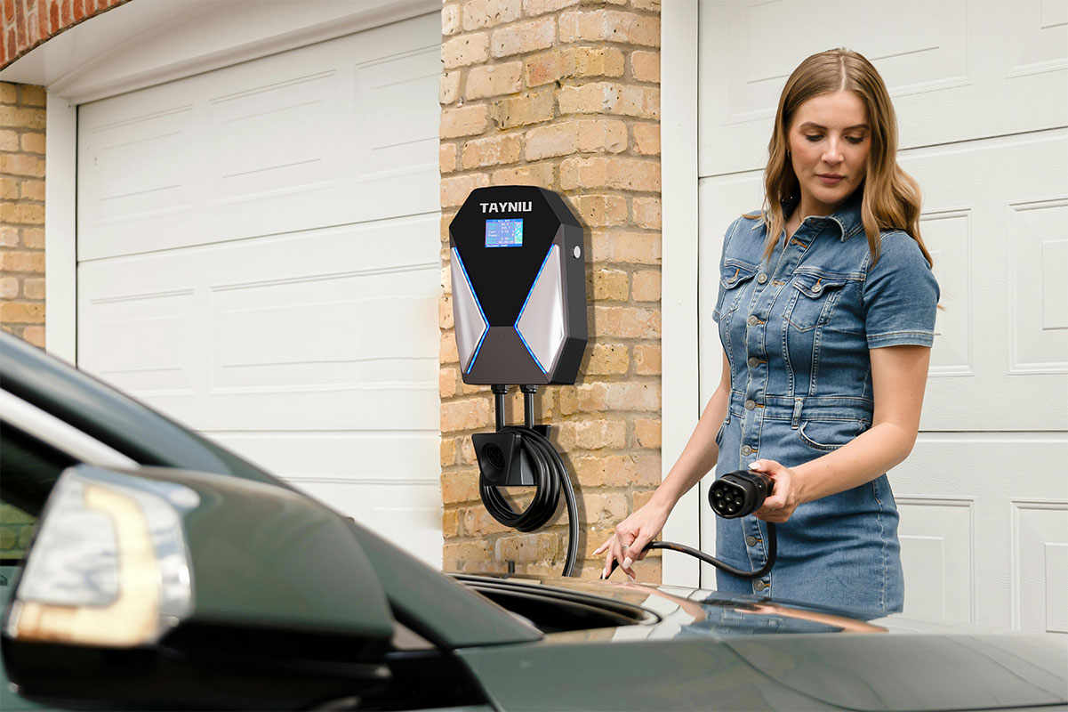 A BMW EV charging at home using a Tayniu Level 2 charger, highlighting fast and efficient Level 2 charging solutions for BMW models.