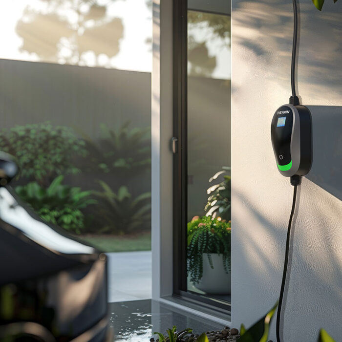 Portable Electric Vehicle Charger mounted on a wall outdoors, showcasing its sleek design and weather-resistant features, perfect for EV charging at home.