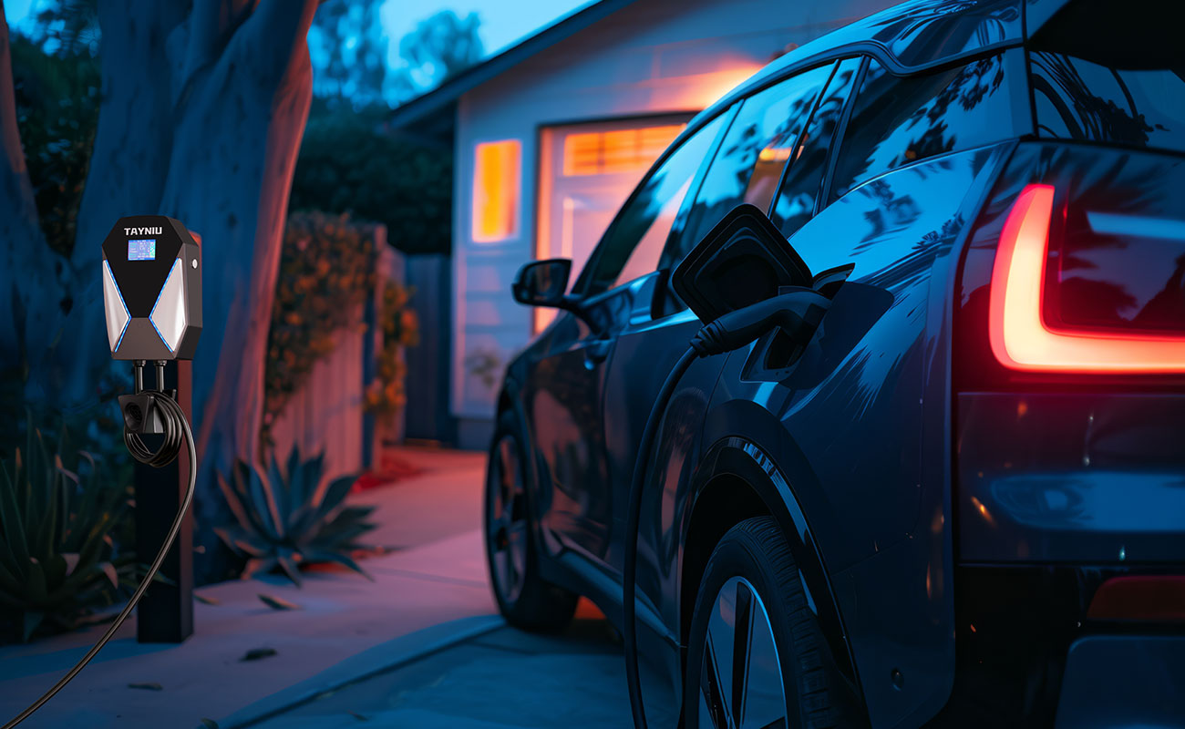 An electric car is being charged through the night using a type 2 electric car charger.