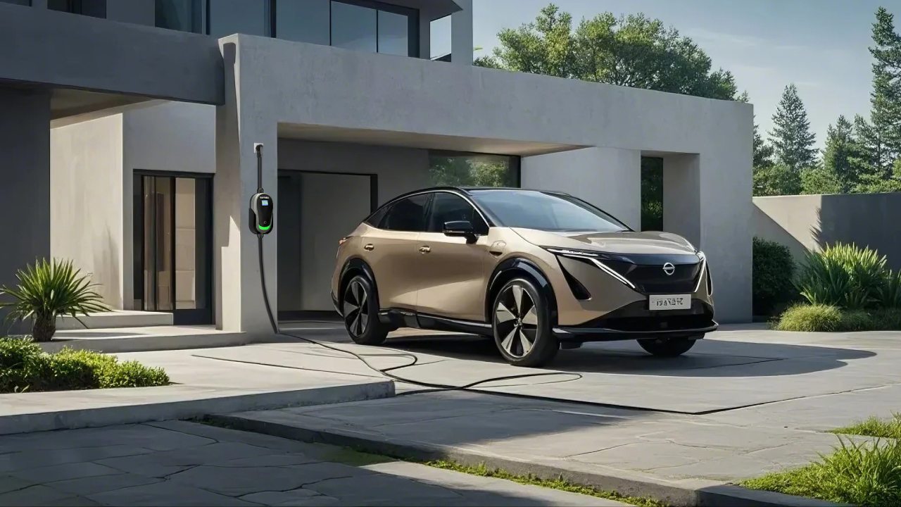 A 2023 Nissan Ariya being charged with a 110V mobile ev charger