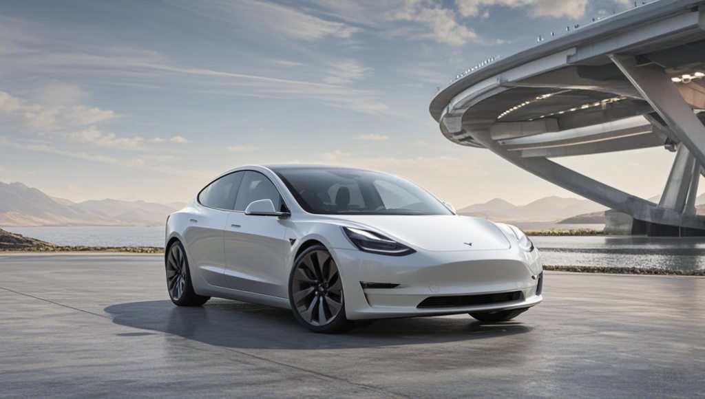 White Tesla Model 3 showcasing sleek design and top speed capabilities near a futuristic structure.