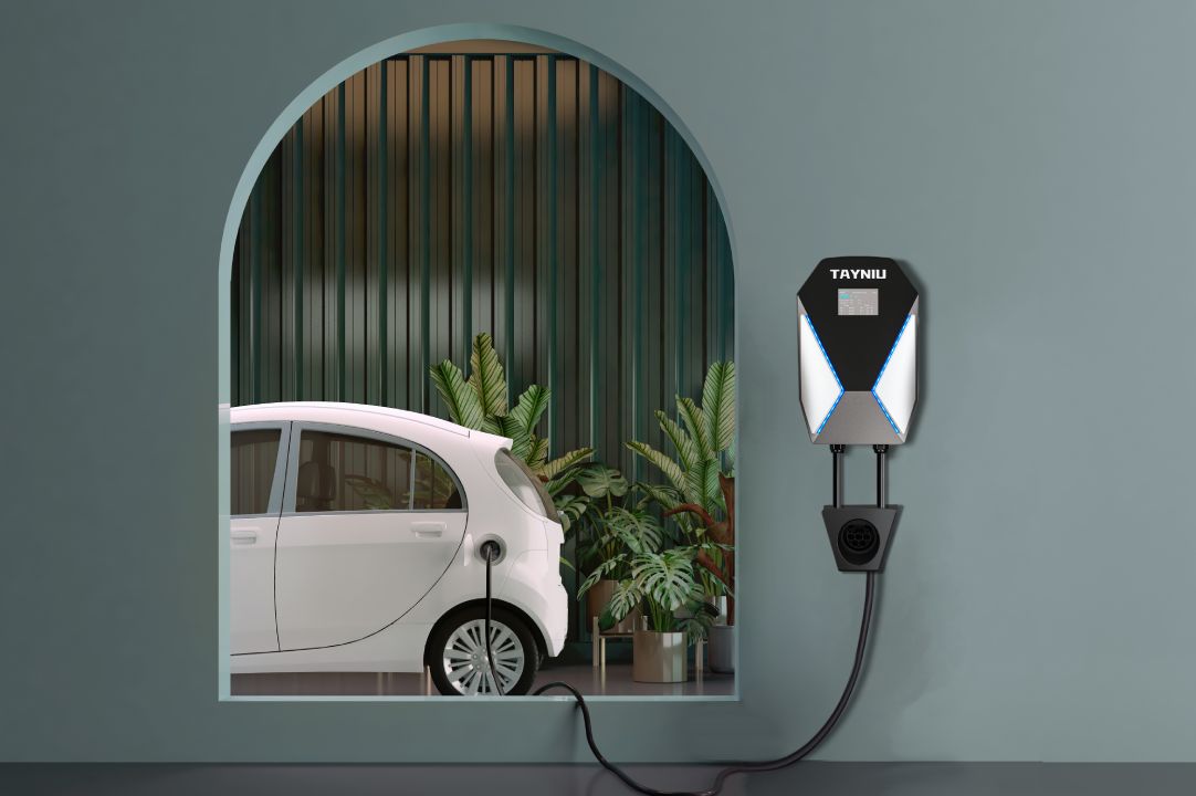 Tayniu EV indoor charging station installed in a modern home, showing a compact electric car being charged with plants and architectural design in the background.