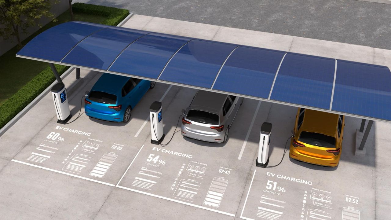 Solar-powered EV charging station with multiple electric vehicles charging under solar panel canopies, showcasing sustainable energy usage.