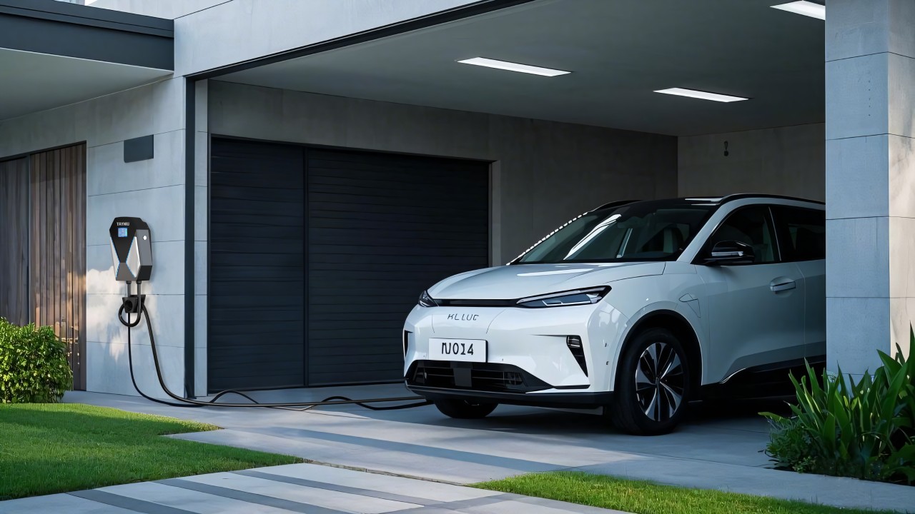 An electric vehicle charging at home using a Tayniu 240V EV charger mounted on a garage wall.