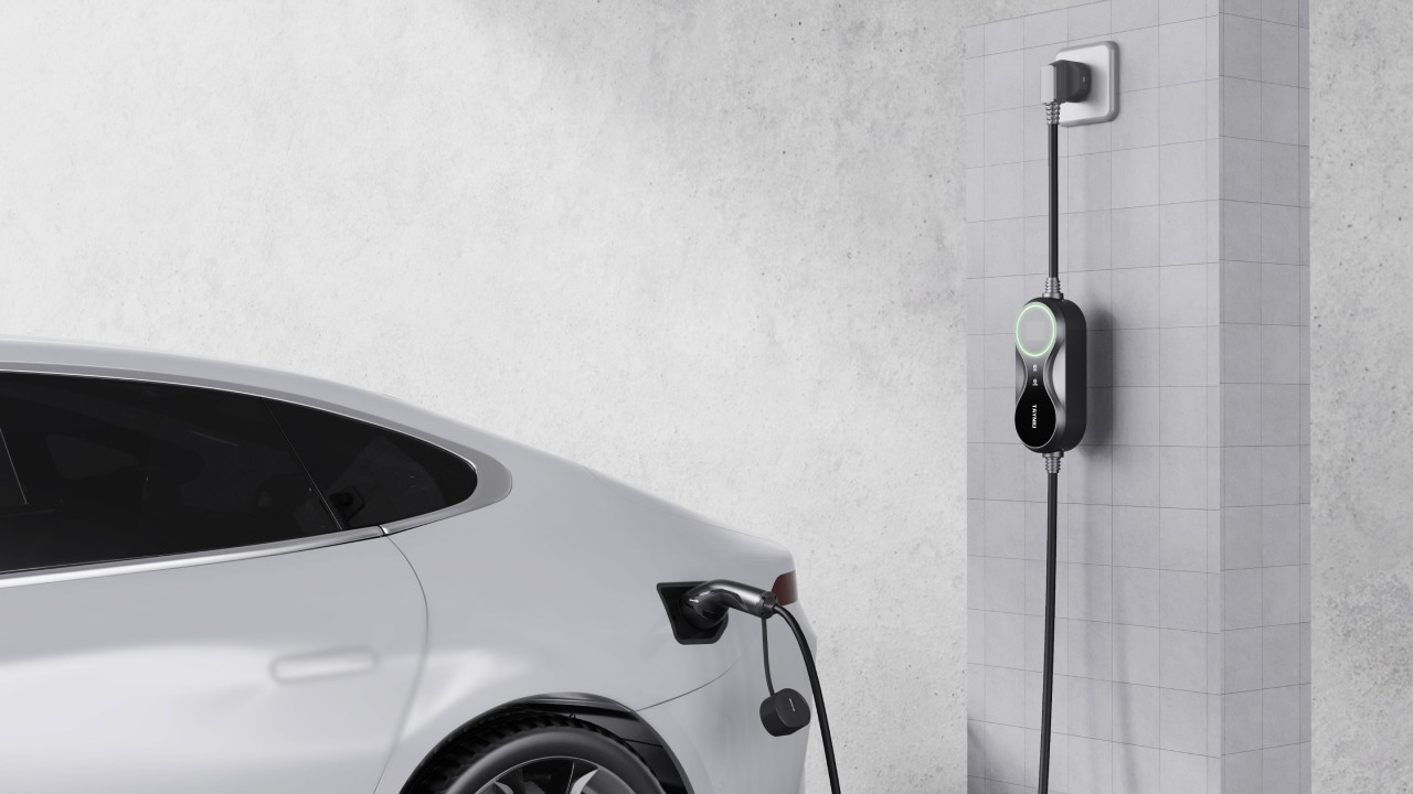 An electric vehicle connected to a Level 2 home charger, showcasing efficient EV charging solutions.