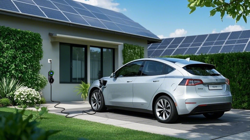 An electric car charging at a home station powered by solar panels, highlighting cost efficiency and sustainability.