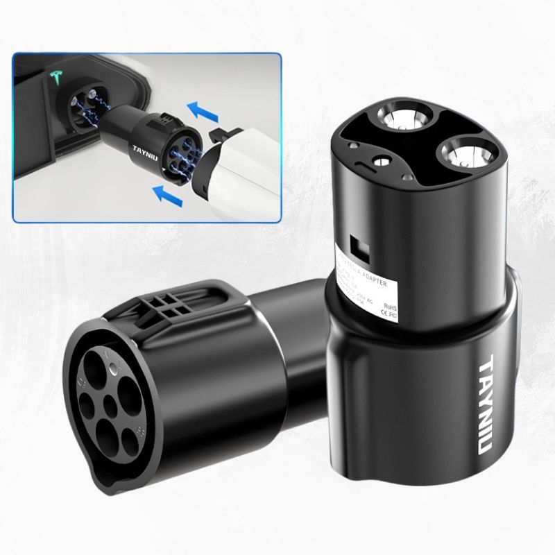 Tayniu J1772 to Tesla adapter shown connecting a J1772 plug to a Tesla vehicle, enabling seamless charging compatibility for Tesla owners.