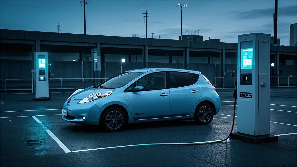 A Nissan Leaf charging at a DC fast charging station in a dimly lit parking lot, illustrating EV charging infrastructure.