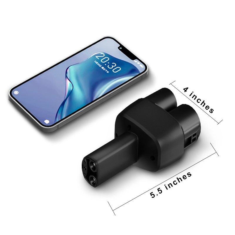 Image showing the Tayniu CCS1 to Tesla adapter with its dimensions: 4 inches wide and 5.5 inches long, compared to a smartphone for scale.