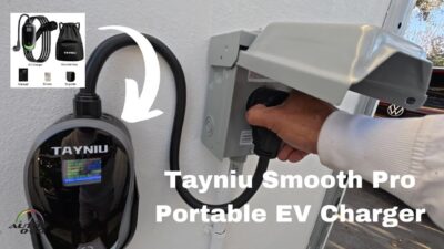 Tayniu Smooth Pro Portable EV Charger being installed on a wall-mounted socket.