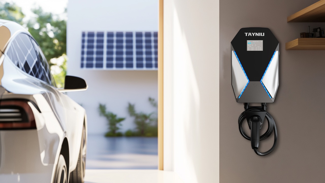 Tayniu solar EV charger mounted on a wall in a home garage, with solar panels visible in the background.