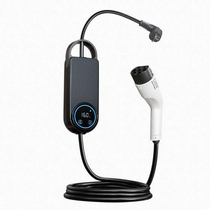 Compact GB/T charger for electric vehicles featuring plug-and-play functionality, IP55 rating, and ergonomic handle.