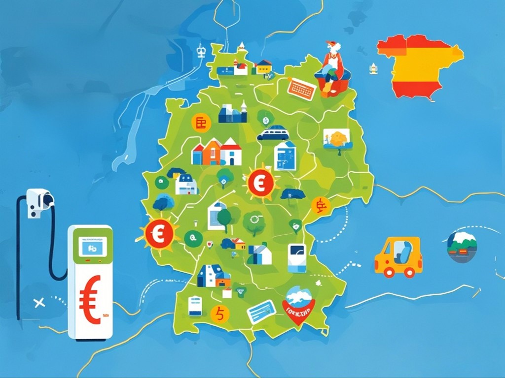 Map of EV subsidies in Europe for 2024, highlighting high-incentive areas in Germany, France, and Spain for fast charging stations.