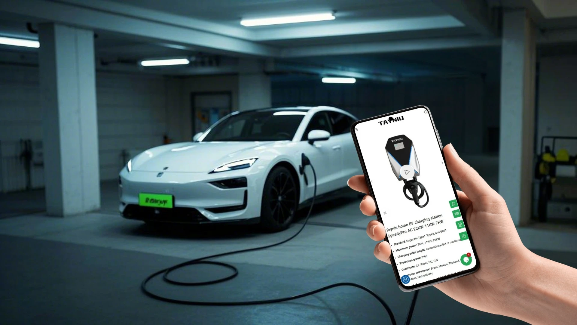 EV home charging station controlled via the Tayniu app with a white electric car in the background