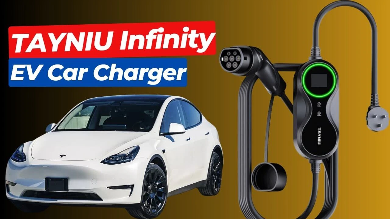 Tayniu Infinity portable EV charger reviewed by Research Rocks 7, featuring a Tesla Model Y and a Type 2 charging connector.