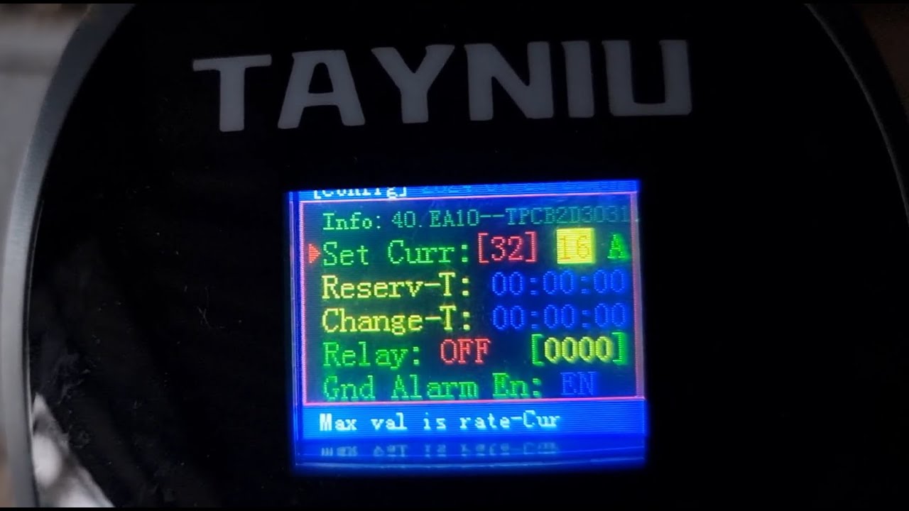 Close-up of Tayniu SmoothPro EV charger interface displaying adjustable current settings and charging status, reviewed by BioFit on TV.