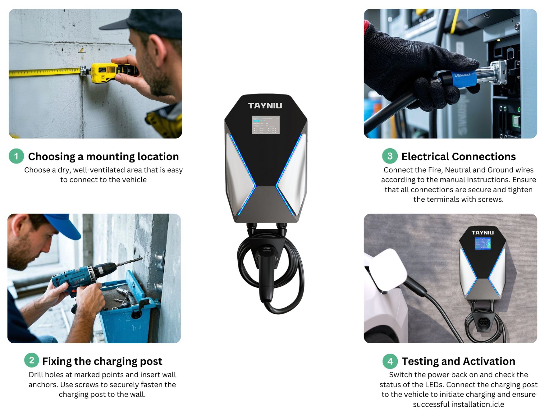 Step-by-step guide for installing the Tayniu SpeedyPro EV charger, including mounting, fixing, wiring, and activation.